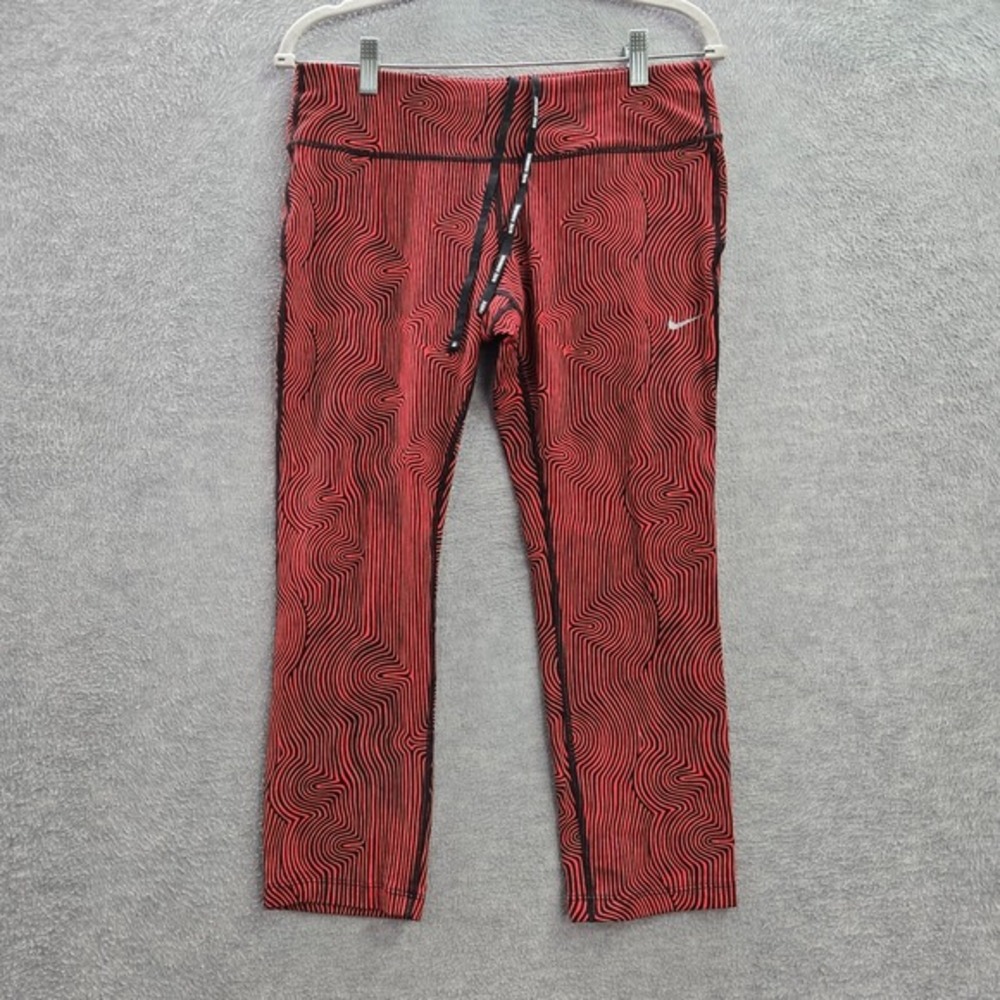 Nike Women Activewear Pants Large Red Striped Zen Epic Run Capri Leggings‎